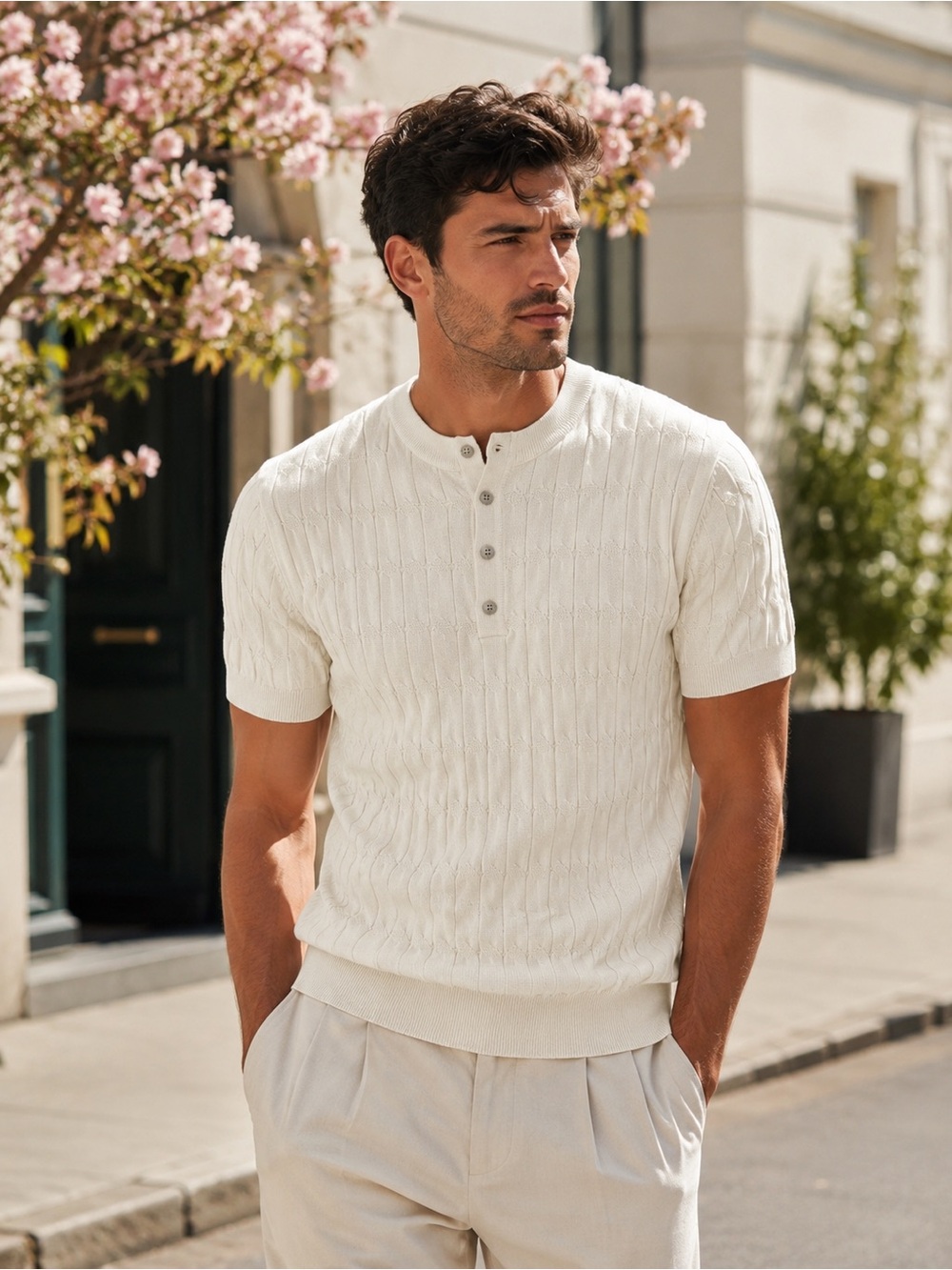 NWOT Mens Cream Textured Knit Henley Sweater Shirt Short Sleeve Soft Lightweight